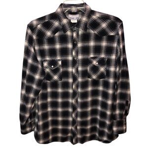 Wrangler Wrancher Mens Size XLT Black Plaid Flannel Pearl Snap Western Shirt Top